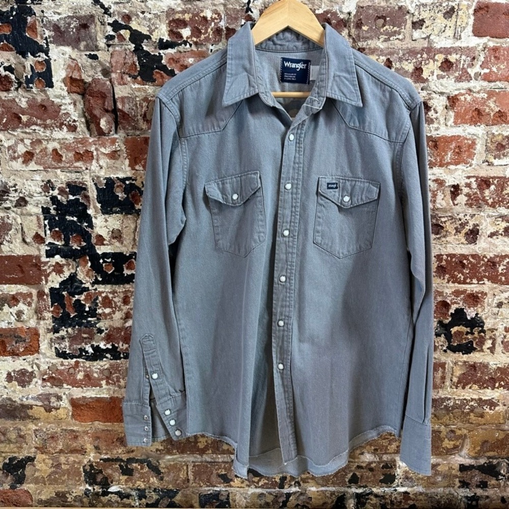 Wrangler Western Shirt Pearl Snap Long Sleeve Gray Jean Denim Mens 17-35